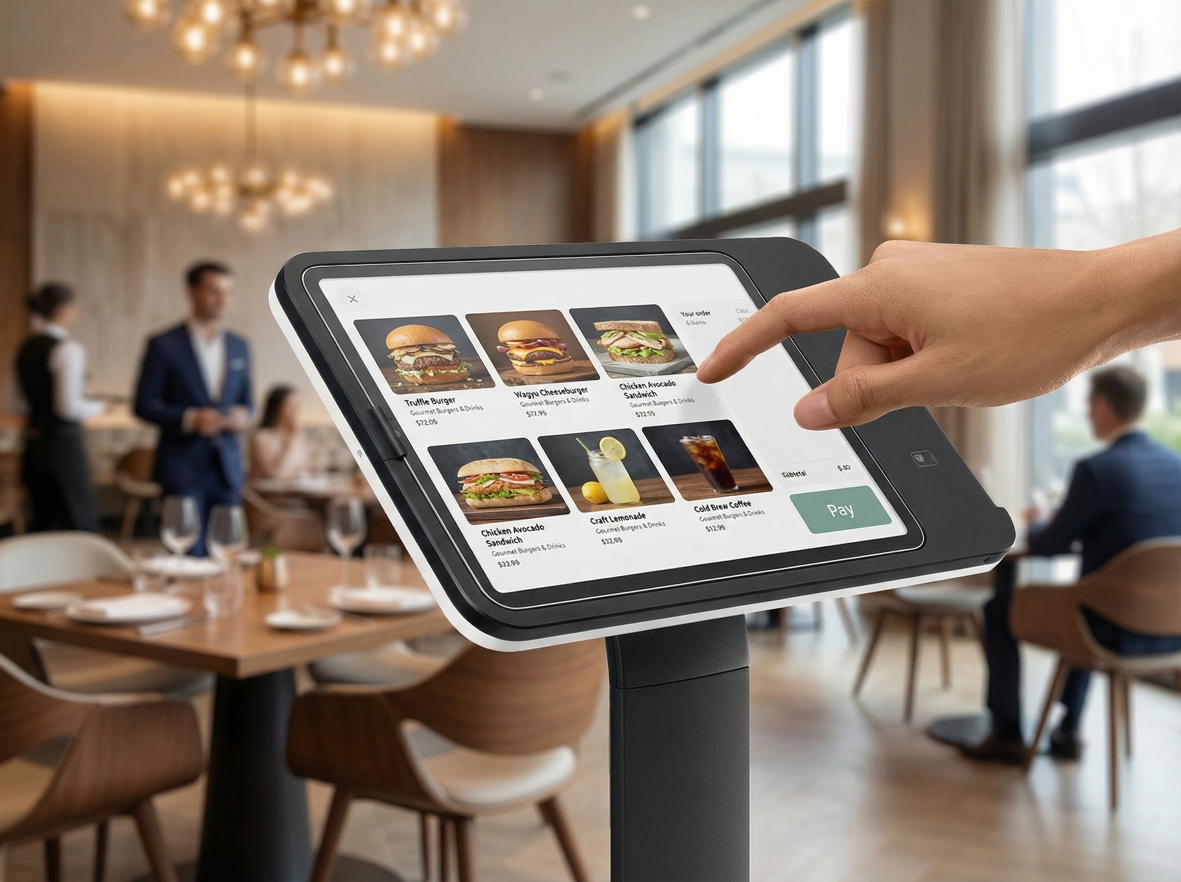 Self-order kiosk in a restaurant — touchscreen ordering interface