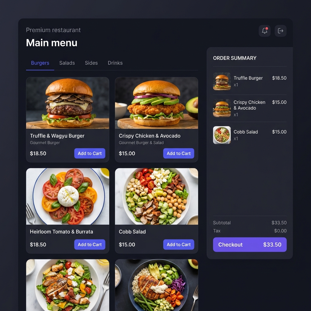 AccTech AI kiosk self-order interface showing menu categories and upsell prompts